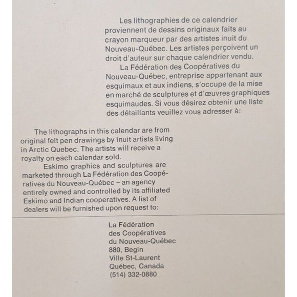 1978 Eskimo Drawings Calendar Inuit Artists Canada Quebec Arctic Wildlife Vtg - Picture 9 of 16